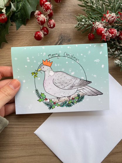 Festive pigeon A6 christmas card, white envelope, cute bird holiday card, blank christmas gift card