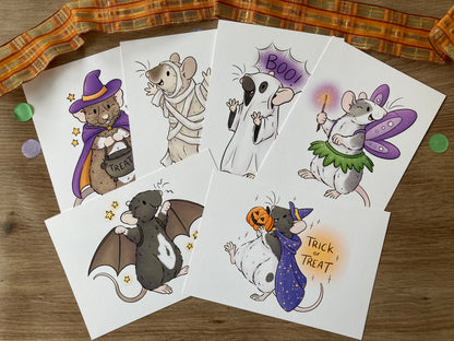 Trick Or Treat Rats A6 Art Prints | Pack Of 6 A6 Art Prints | Spooky Rat Decorations