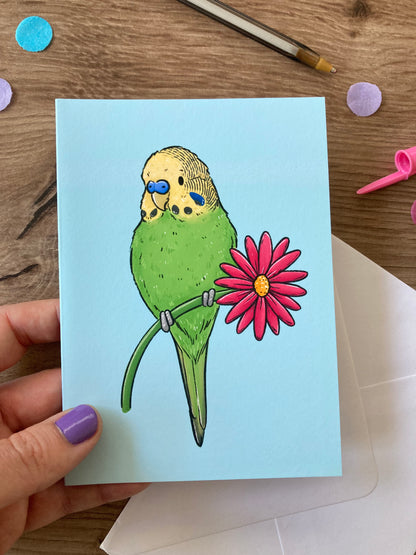 Spring Budgie | Cute Green Budgie Blank Greeting Card | Budgie Gift