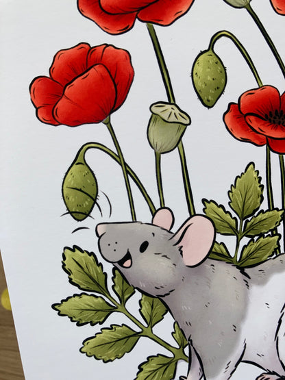 Poppy Rat Art Print | Flower Rat Wall Art