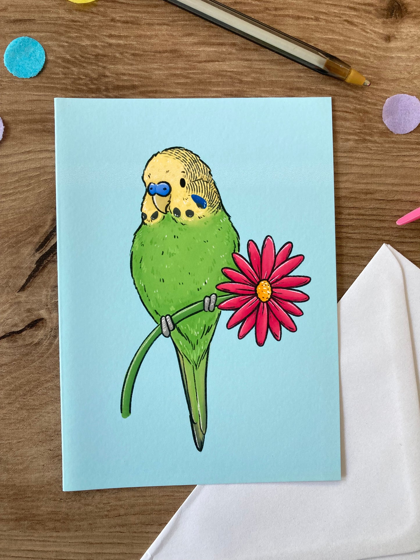 Spring Budgie | Cute Green Budgie Blank Greeting Card | Budgie Gift