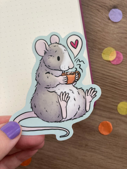 Cosy Coffee Rat Vinyl Sticker | Whimsical Autumn Animal Art | Rat Gift