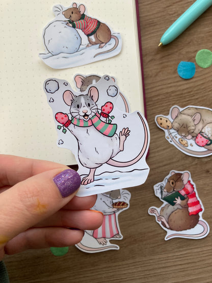 Winter Rats Sticker Pack | Set Of 6 Glossy Paper Stickers | Rat Gift