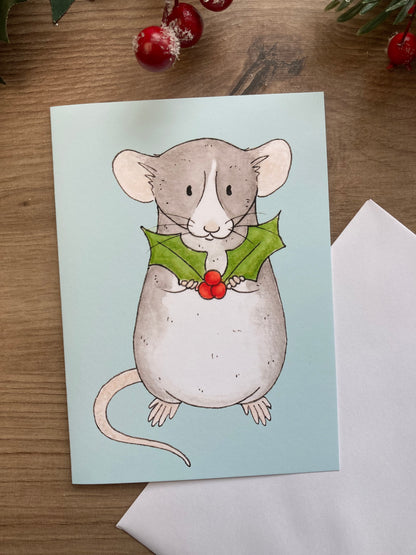 Holly Rat A6 Christmas Card - Blank Pet Rat Christmas Card - Fancy Rat Greeting Card