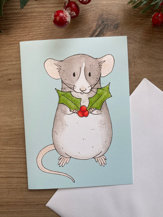 Holly Rat A6 Christmas Card - Blank Pet Rat Christmas Card - Fancy Rat Greeting Card
