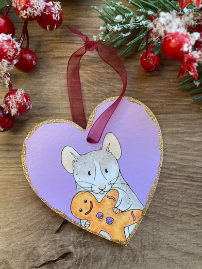 Gingerbread Rat Hanging Heart Christmas Tree Decoration - Cute Pet Rat Christmas Tree Ornament - Fun Pet Rat Christmas Gift