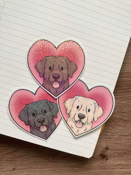 3 Heart-shaped stickers with a dog design on a lined notebook