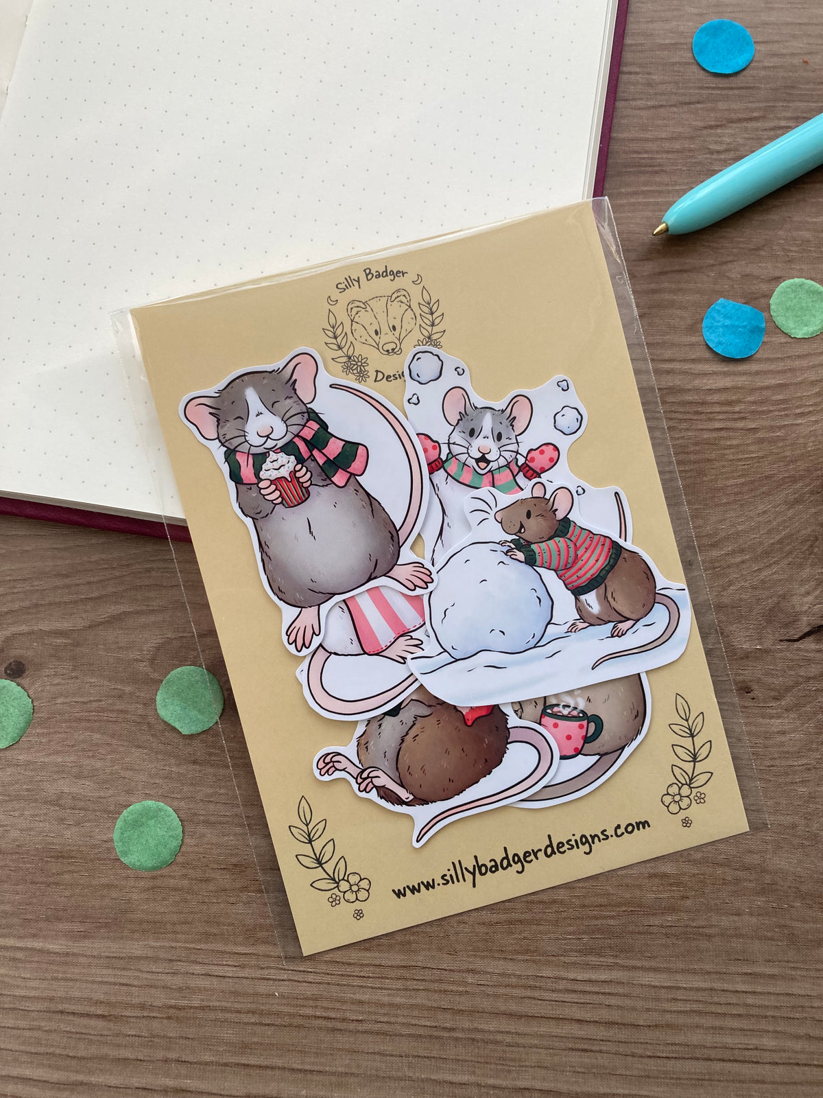 Winter Rats Sticker Pack | Set Of 6 Glossy Paper Stickers | Rat Gift