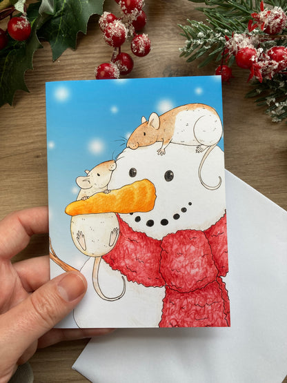 Snow Rats A6 Christmas Card, Blank Greeting Card, Snowman Xmas Card, Pet Rat Gift