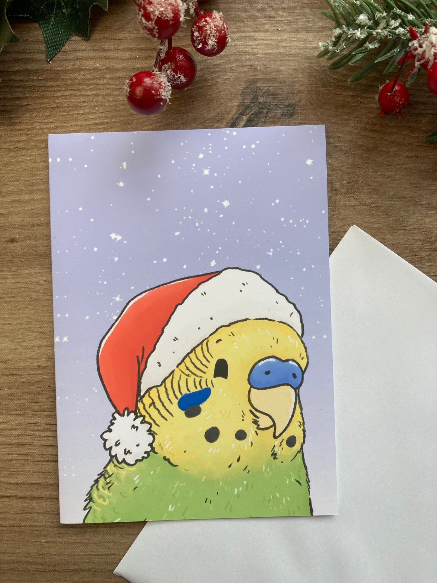 Seasons Chirpings A6 Budgie Christmas Card - Blank Budgerigar Greeting Card - Green Budgie Gift