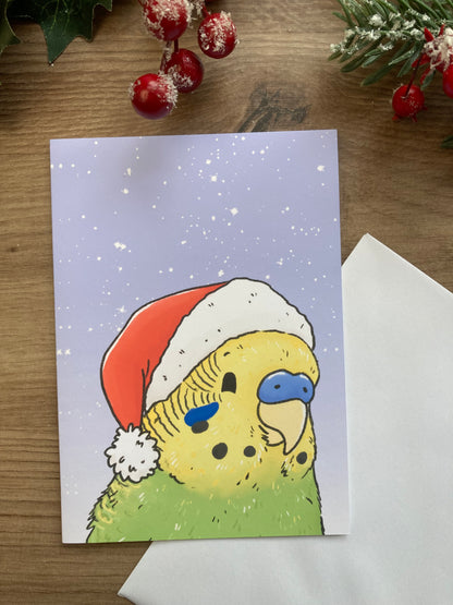 Seasons Chirpings A6 Budgie Christmas Card - Blank Budgerigar Greeting Card - Green Budgie Gift