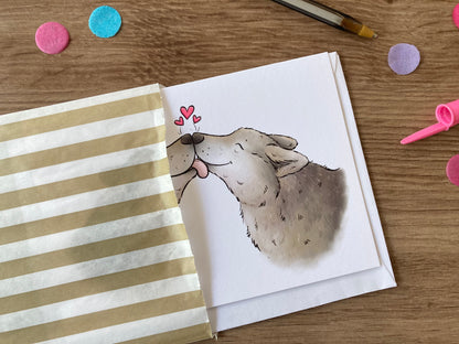 Wolf Kisses | Cute Wolf Couple Blank Greeting Card | Grey Wolf Love Gift