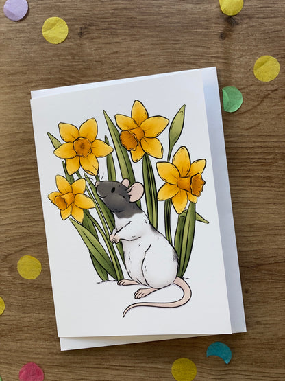 Daffodil Rat Greeting Card | Flower Rat A6 Greeting Card