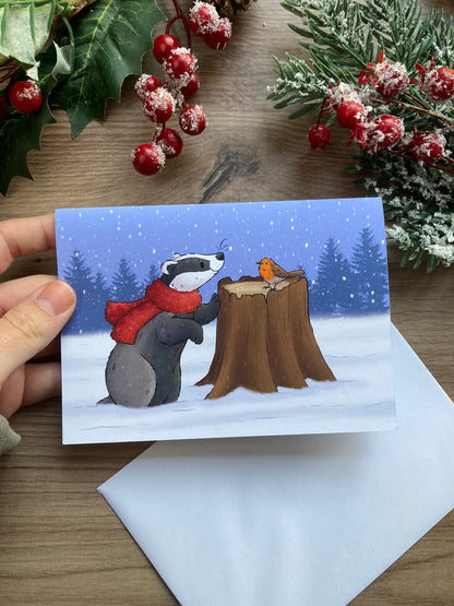 Winter friends | Cute Badger And Robin Christmas Card