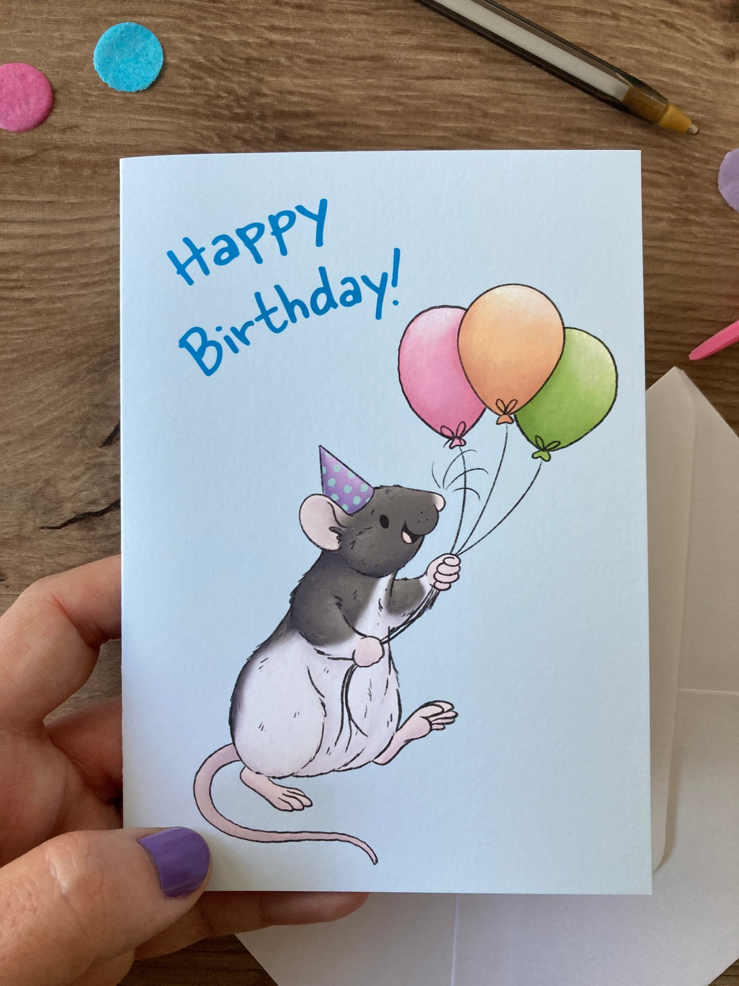 Ratty Birthday Balloons | Cute Hooded Rat Birthday Card | Rat Birthday Celebration