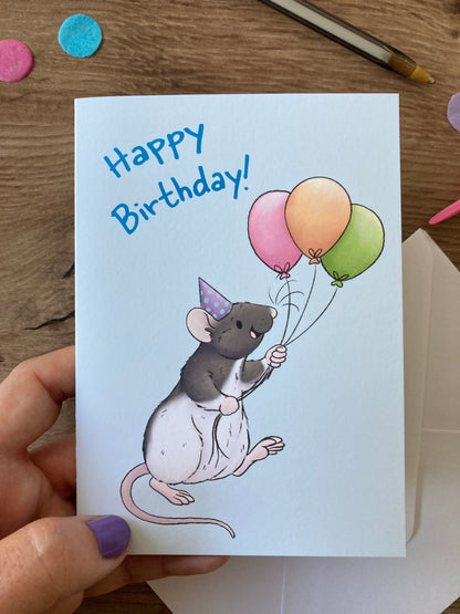 Ratty Birthday Balloons | Cute Hooded Rat Birthday Card | Rat Birthday Celebration