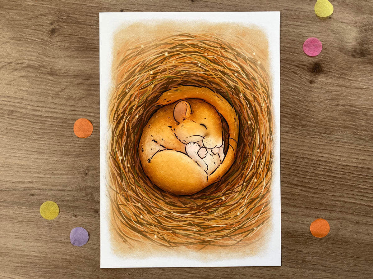 Sleeping Dormouse A5 Art Print | Whimsical Mouse Artwork | Wildlife Gift