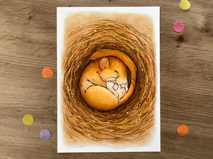 Sleeping Dormouse A5 Art Print | Whimsical Mouse Artwork | Wildlife Gift