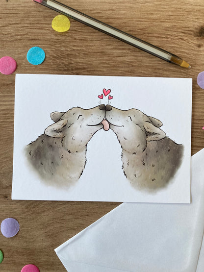 Wolf Kisses | Cute Wolf Couple Blank Greeting Card | Grey Wolf Love Gift