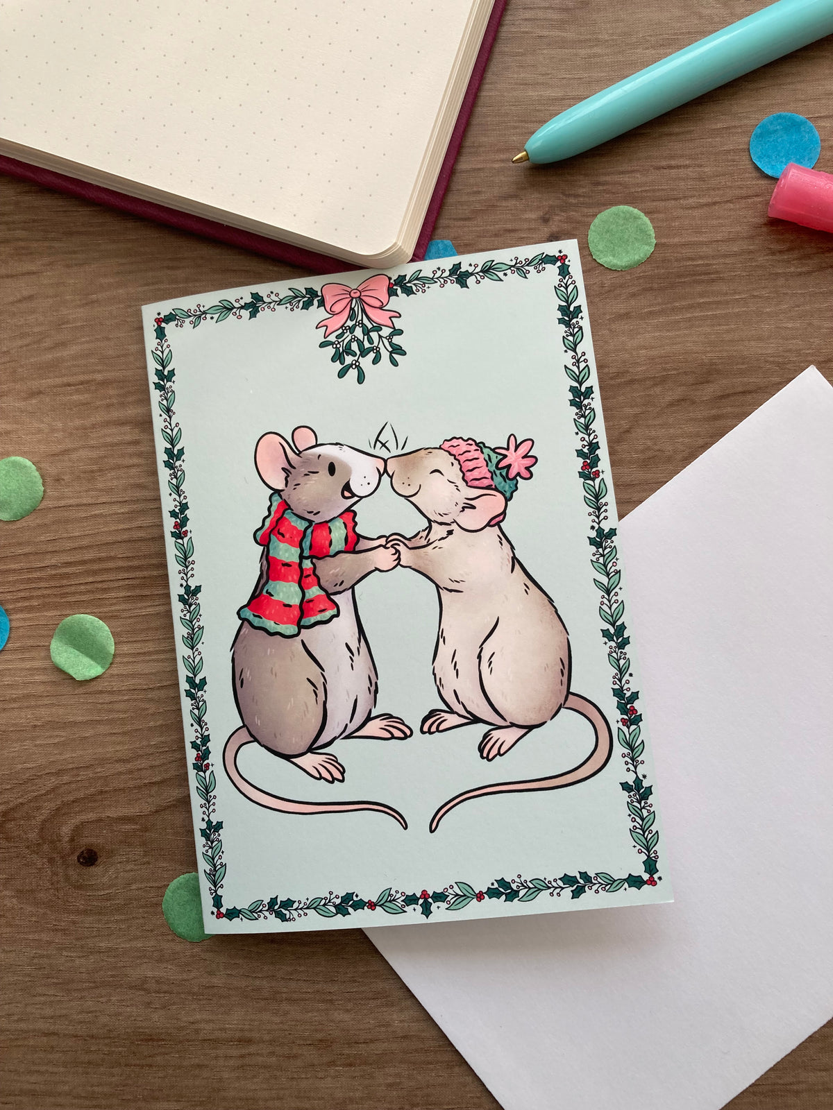 Mistletoe Kisses Rat Christmas Card | Blank A6 Greeting Card | Rat Gift