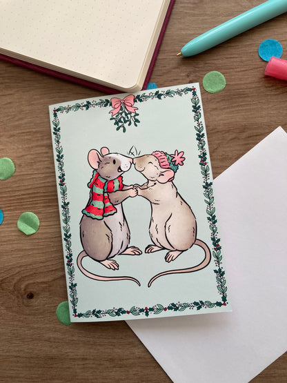 Mistletoe Kisses Rat Christmas Card | Blank A6 Greeting Card | Rat Gift