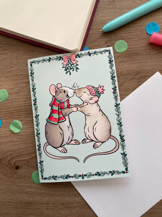 Mistletoe Kisses Rat Christmas Card | Blank A6 Greeting Card | Rat Gift