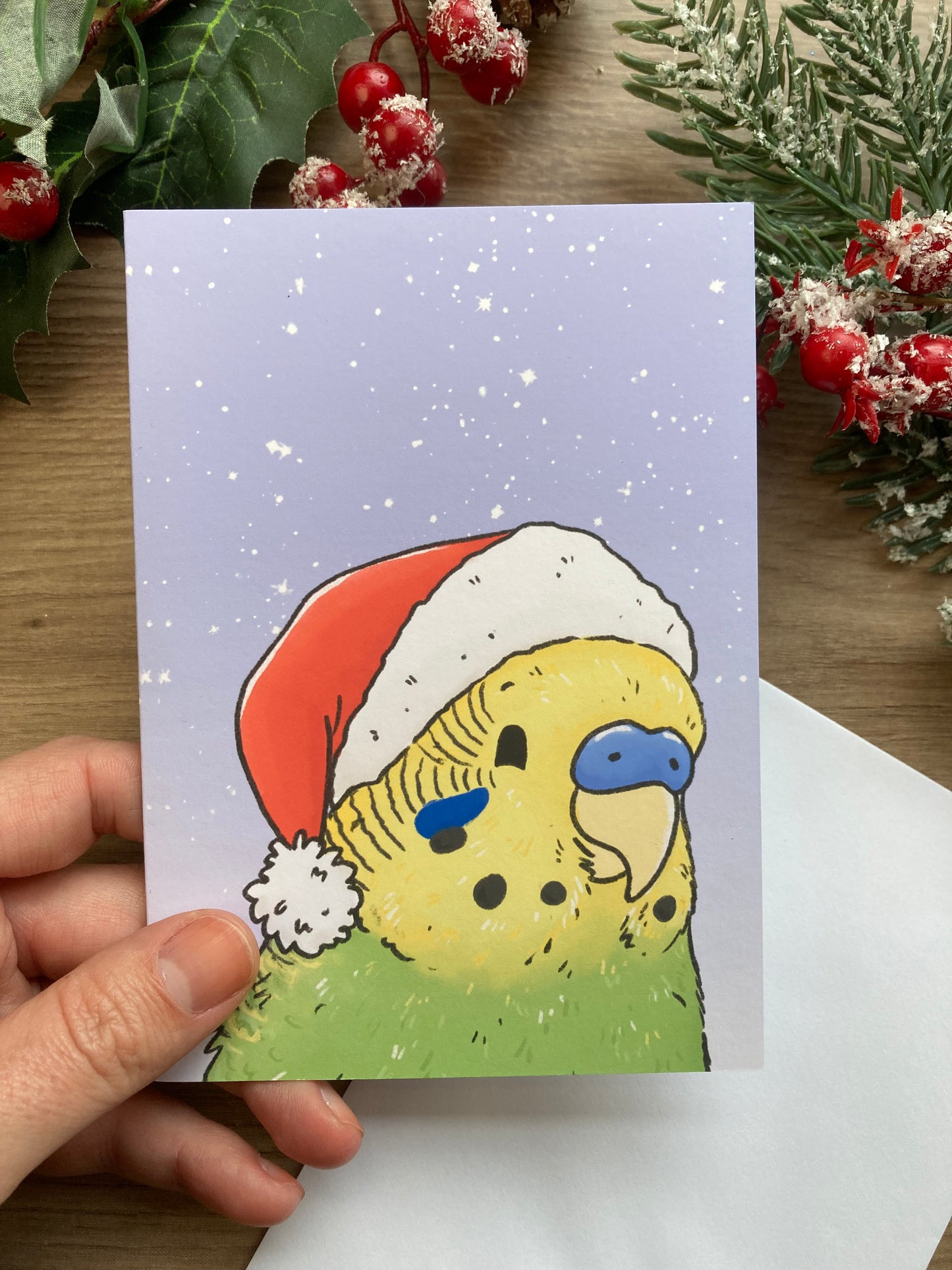 Seasons Chirpings A6 Budgie Christmas Card - Blank Budgerigar Greeting Card - Green Budgie Gift