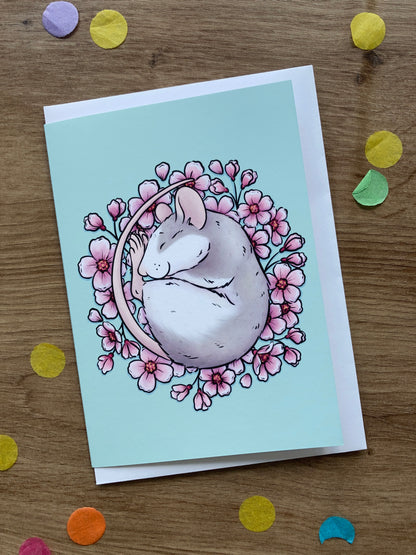 Cherry Blossom Rat Greeting Card | Roan Rat A6 Greeting Card
