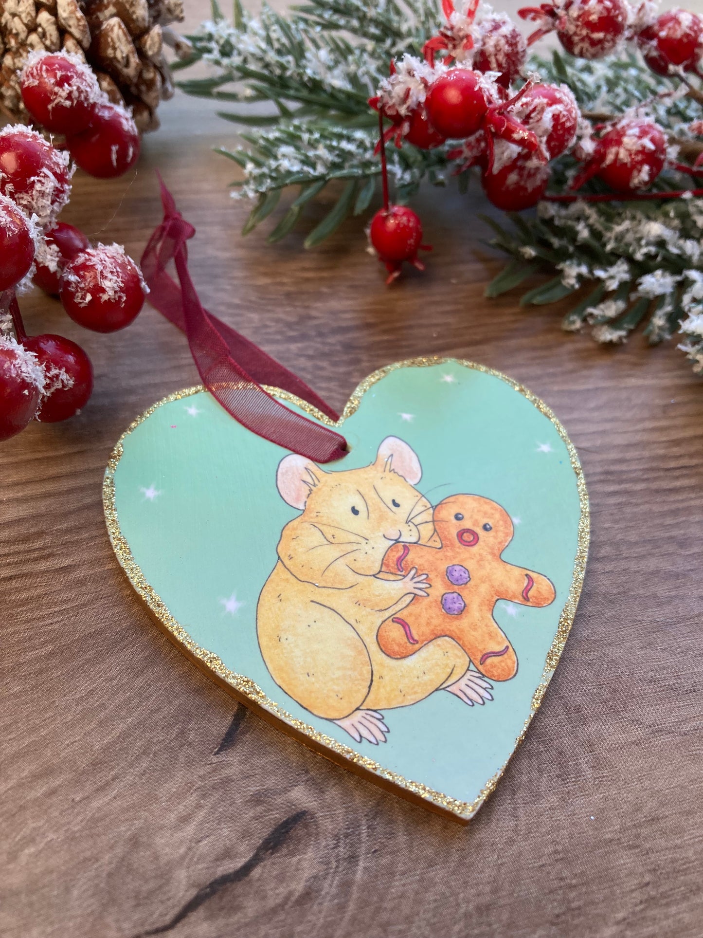 Christmas Gingerbread Hamster Hanging Heart Tree Decoration - Cute Hamster Hanging Tree Ornament - Funny Hamster Gift