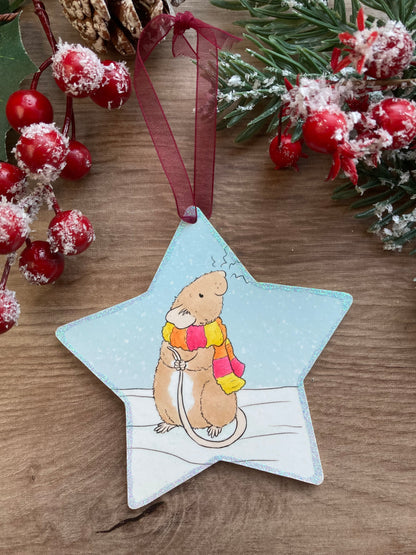 Christmas Ratty Scarf Star Tree Decoration - Cute Rat Christmas Hanging Tree Ornament - Fun Rat Christmas Gift