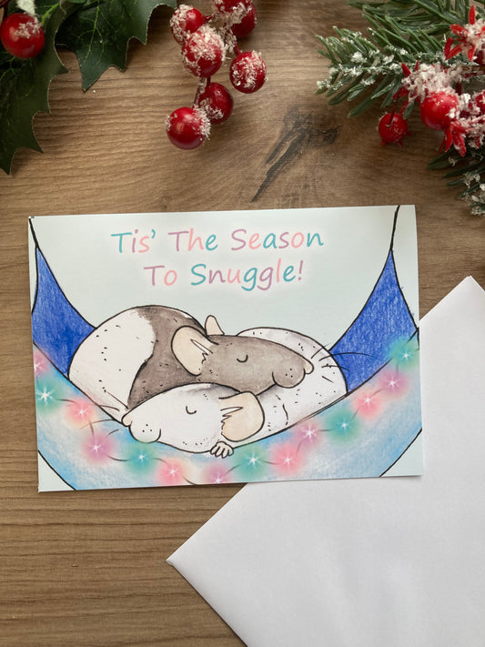 The season to snuggle fancy rat A6 Christmas card, cute pet rat blank greeting card, gift for rat lovers