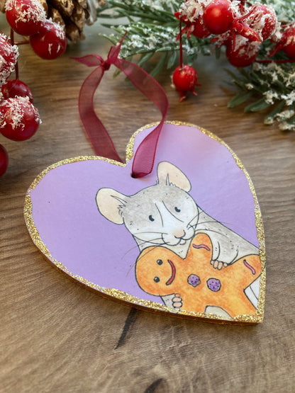 Gingerbread Rat Hanging Heart Christmas Tree Decoration - Cute Pet Rat Christmas Tree Ornament - Fun Pet Rat Christmas Gift