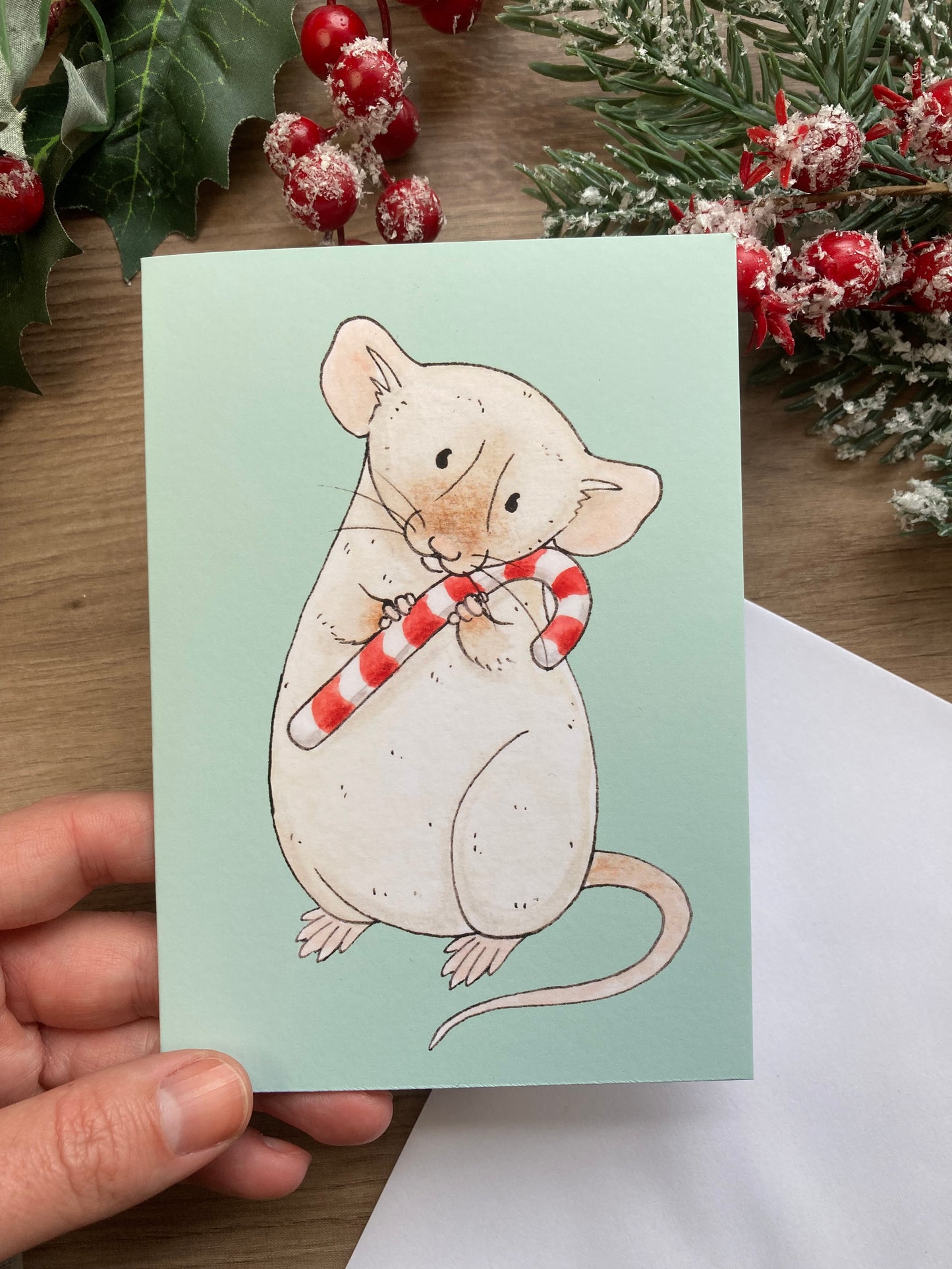 Candy Cane Rat A6 Christmas Card - Blank Pet Rat Greeting Card - Dumbo Rat Christmas Gift
