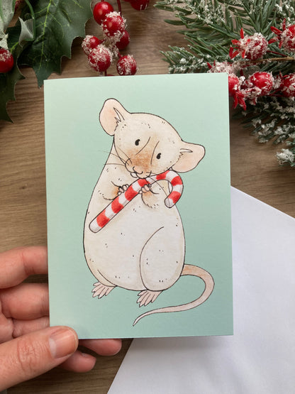 Candy Cane Rat A6 Christmas Card - Blank Pet Rat Greeting Card - Dumbo Rat Christmas Gift