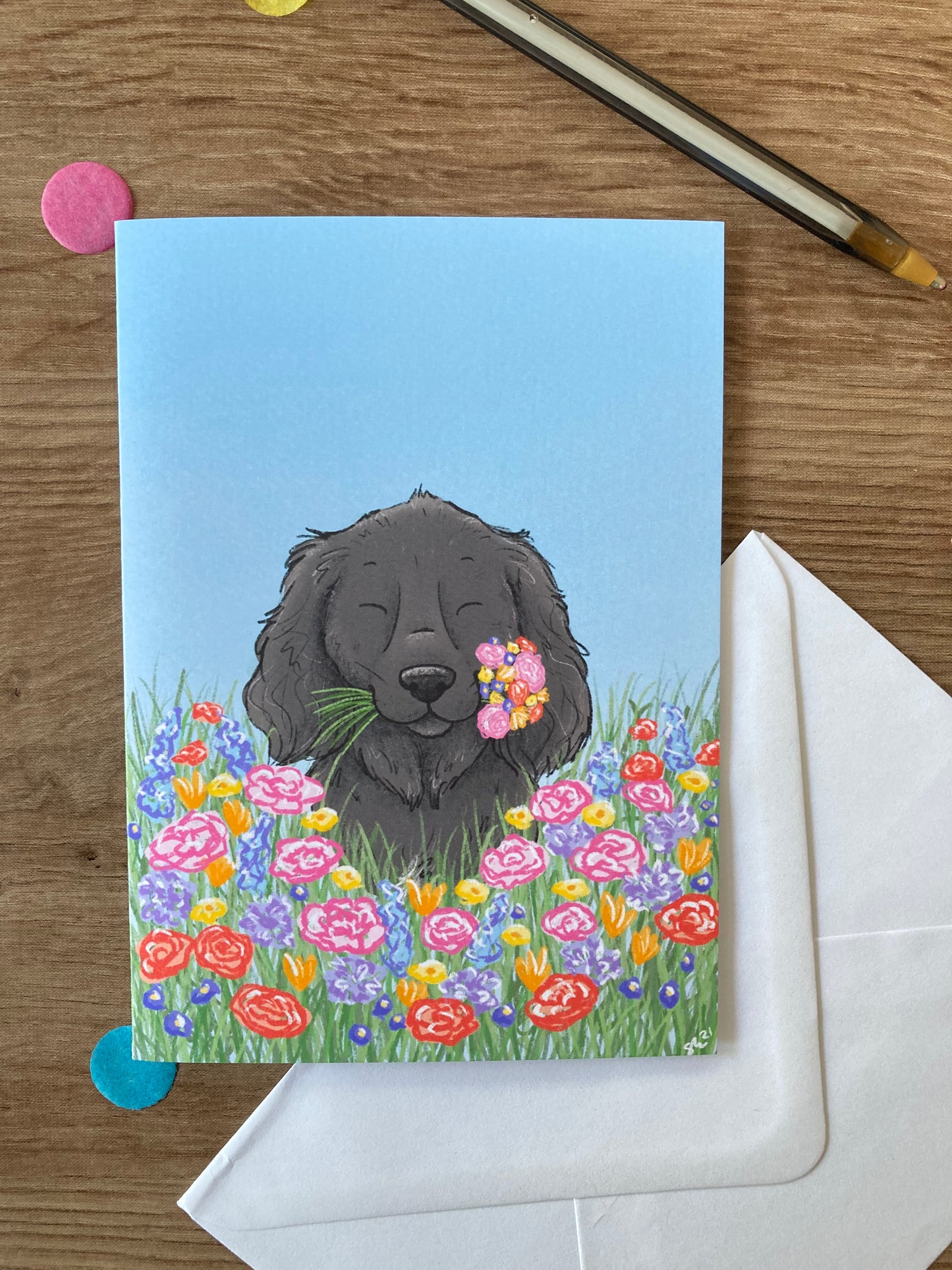 Spring Spaniel | Cute Black Spaniel Blank Greeting Card | Summer Dog Gift
