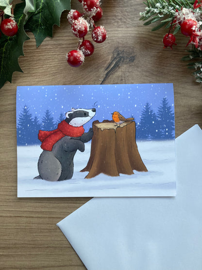 Winter friends | Cute Badger And Robin Christmas Card