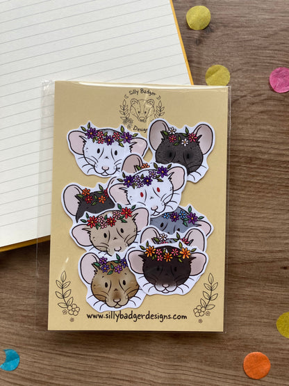 Flower Crown Rat Stickers | Pack Of 10 Cute Rat Stickers | Cute Spring Rat Glossy Stickers