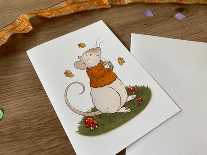 Cosy Autumn | Cute Pet Rat Greeting Card | Autumn Blank Greeting Card