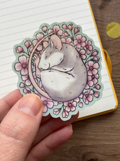 Cherry Blossom Rat Vinyl Sticker | Glossy or Holographic Vinyl Rat Sticker