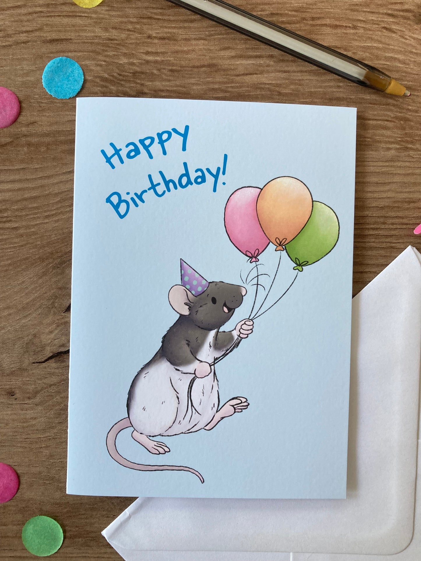 Ratty Birthday Balloons | Cute Hooded Rat Birthday Card | Rat Birthday Celebration