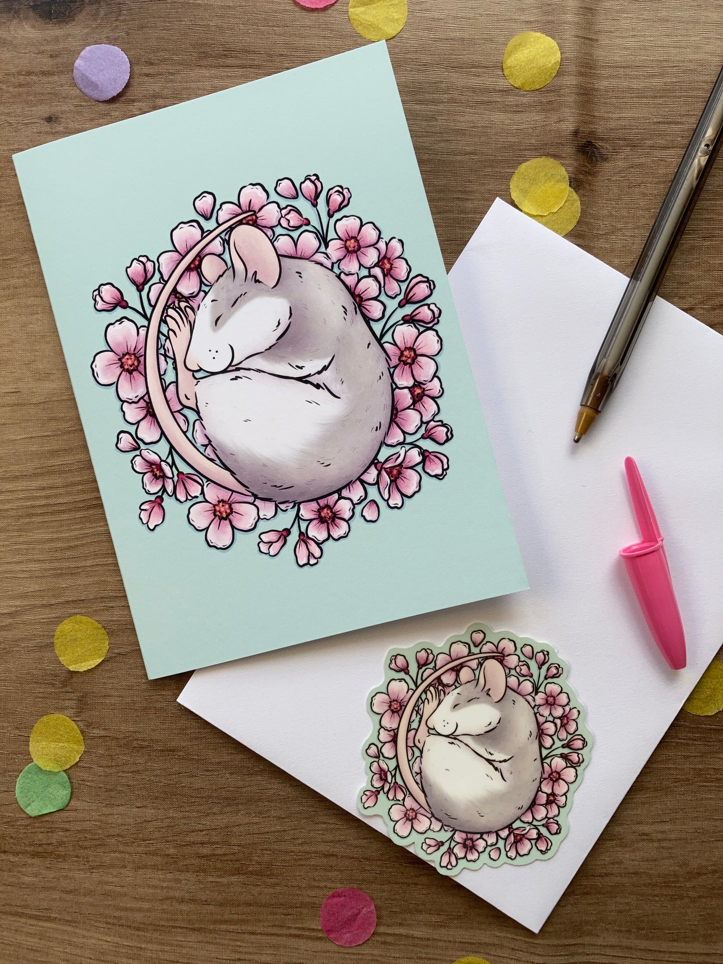 Cherry Blossom Rat Card and Sticker Bundle | Cute Rat Greeting Card And Matching Vinyl Rat Sticker