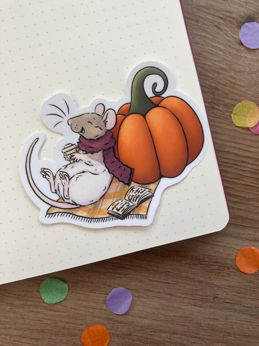 Cosy Autumn Rat Vinyl Sticker | Autumn Animal Art | Rat Gift