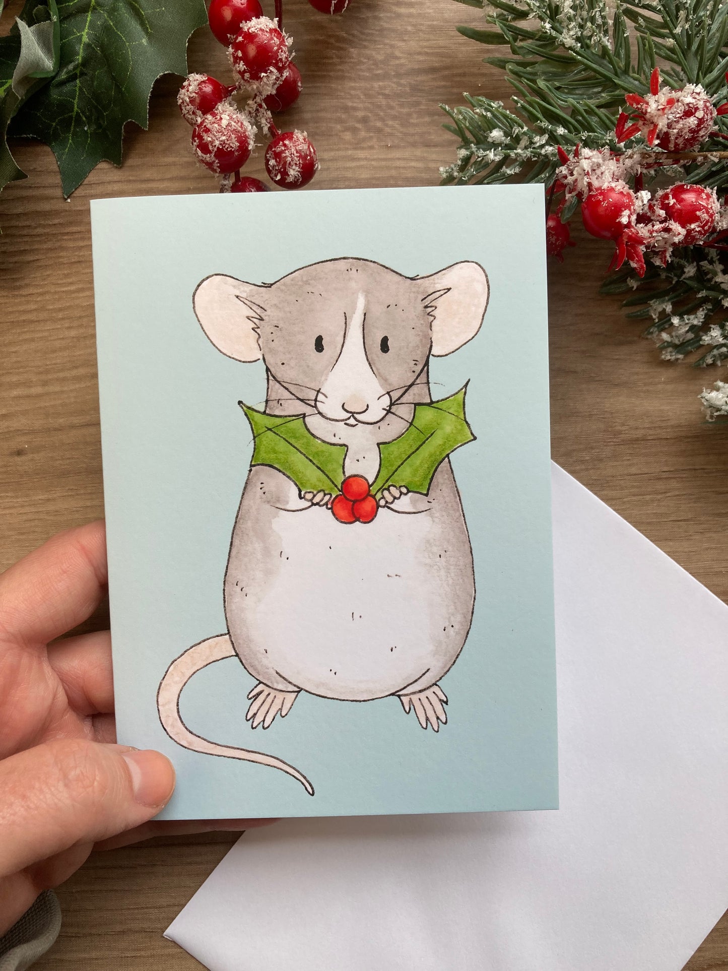 Holly Rat A6 Christmas Card - Blank Pet Rat Christmas Card - Fancy Rat Greeting Card