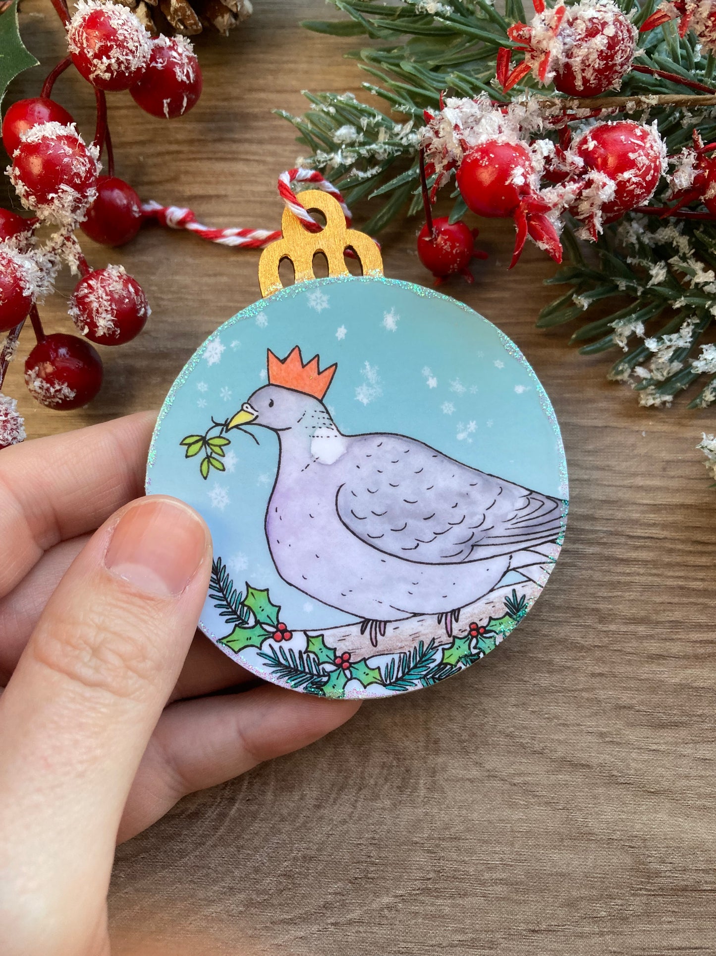 Festive Pigeon | Cute Wood Pigeon Christmas Tree Bauble