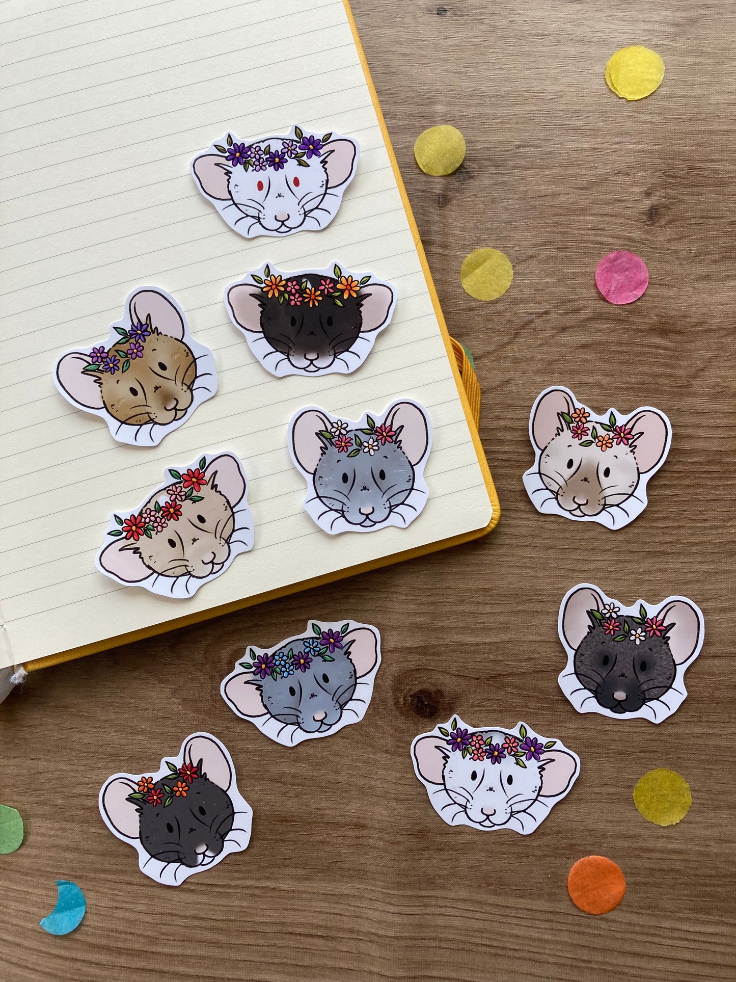 Flower Crown Rat Stickers | Pack Of 10 Cute Rat Stickers | Cute Spring Rat Glossy Stickers