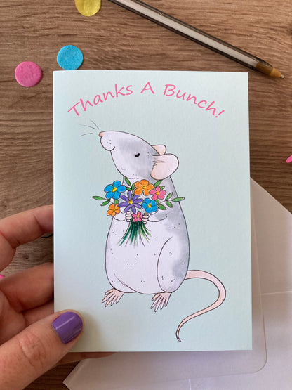 Thanks A Bunch | Cute Roan Rat Blank Greeting Card | Fancy Rat Gift
