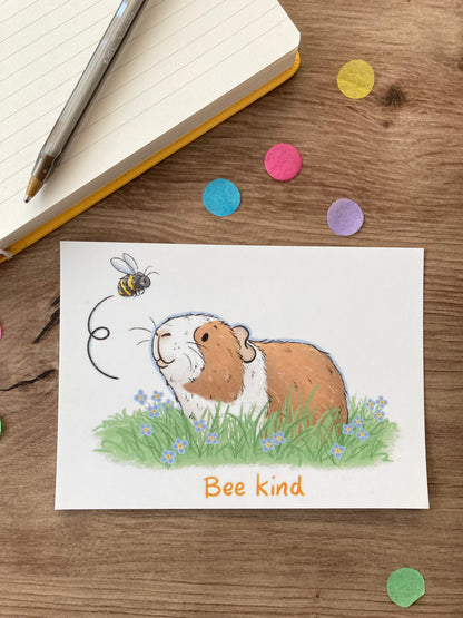Bee Kind | Cute Guinea Pig A6 Postcard | Guinea Pig Gift
