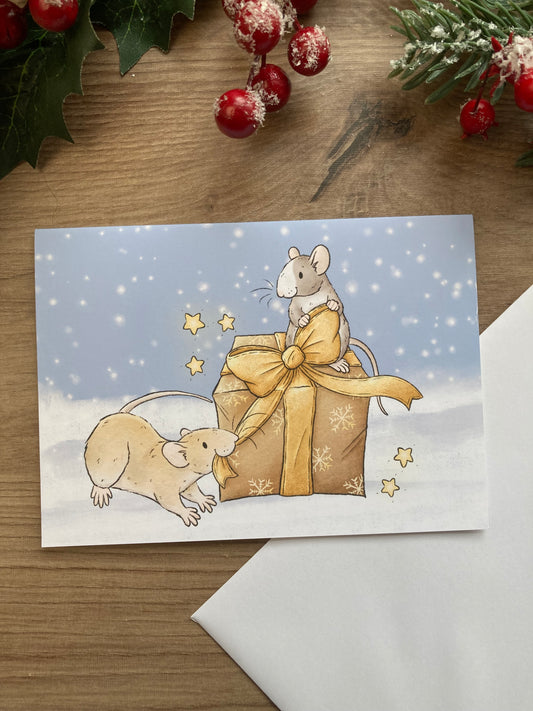 Christmas Wrapping Rats | A6 Christmas Greeting Card