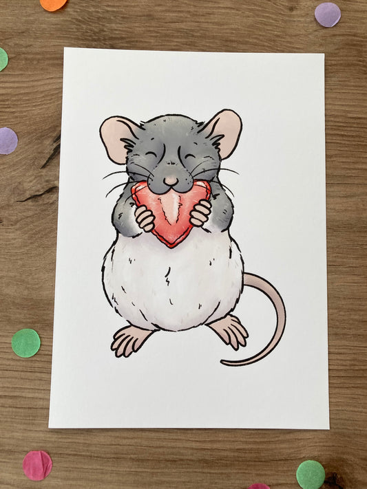 Strawberry bliss | Hooded Rat Art Print | Fancy Rat Artwork