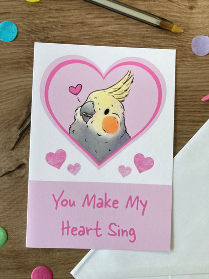 You Make My Heart Sing | Cute Cockatiel Blank Greeting Card | Cockatiel Love Card
